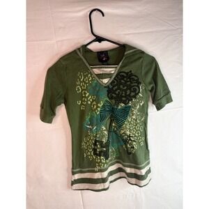 Self Esteem Olive Green Graphic Key Hooded Top Y2K Striped Layered Tee L 14